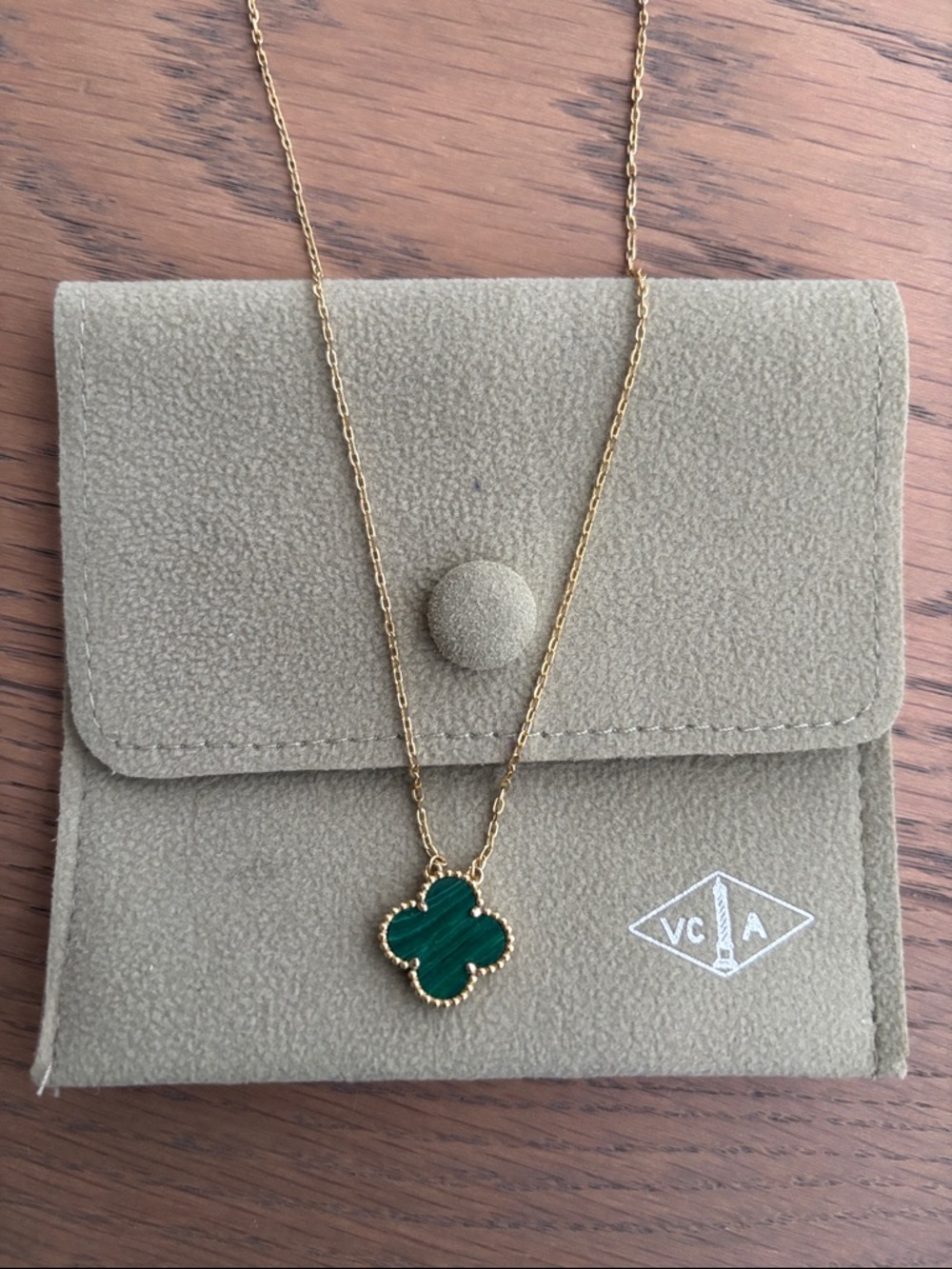 Inspired VCA Gold Plated Necklace with Green Malachite Alhambra Pendant